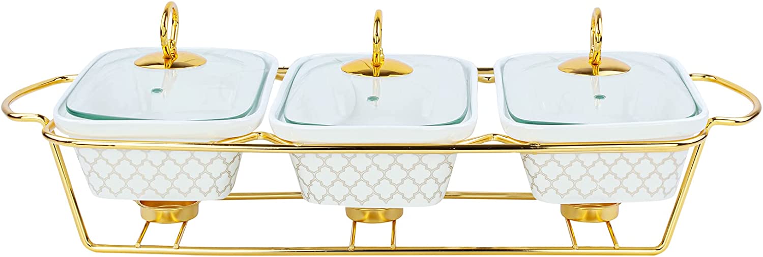 Shallow Triple Rectangular Porcelain Food Warmer with Lid and Golden Metal Rack سخان طعام ثلاثي مستطيل الشكل من البورسلين مع غطاء ورف معدني ذهبي من شالو Shallow Triple Rectangular Porcelain Food Warmer with Lid and Golden Metal Rack سخان طعام ثلاثي مستطيل الشكل من البورسلين مع غطاء ورف معدني ذهبي من شالو
